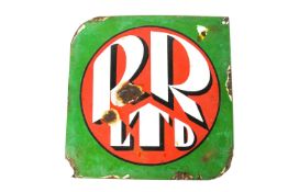 An enamelled metal advertising sign for 'R R Ltd', (Rolls Royce) in bold white and black lettering,