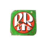 An enamelled metal advertising sign for 'R R Ltd', (Rolls Royce) in bold white and black lettering,