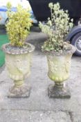 A pair of reconstituted stone urn planters of chalice form,