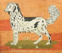 A 19th century needlework of a dog, titled S Newton`s work age 7 1827, 32.5cm x 38cm.