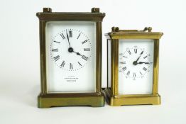 Two brass carriage clocks, the first retailed by Mappin & Webb, Sheffield, with parisian movement,