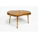 A specimen wood side table, the top being a large section of a bifurcated trunk,