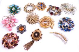 A collection of thirteen costume brooches of variable designs.