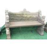 A reconstituted stone bench the back panel, the back panel decorated with opposing griffins,