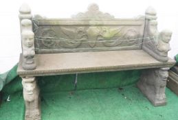 A reconstituted stone bench the back panel, the back panel decorated with opposing griffins,