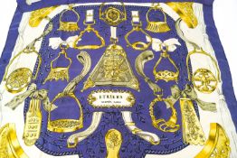 A collection of five vintage French scarves, including a Hermes 'Etriers' example,