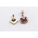 A hallmarked 9ct gold ruby and diamond flower pendant;