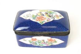 A Chinese porcelain box with metal mounted hinged domed cover painted in enamels with birds