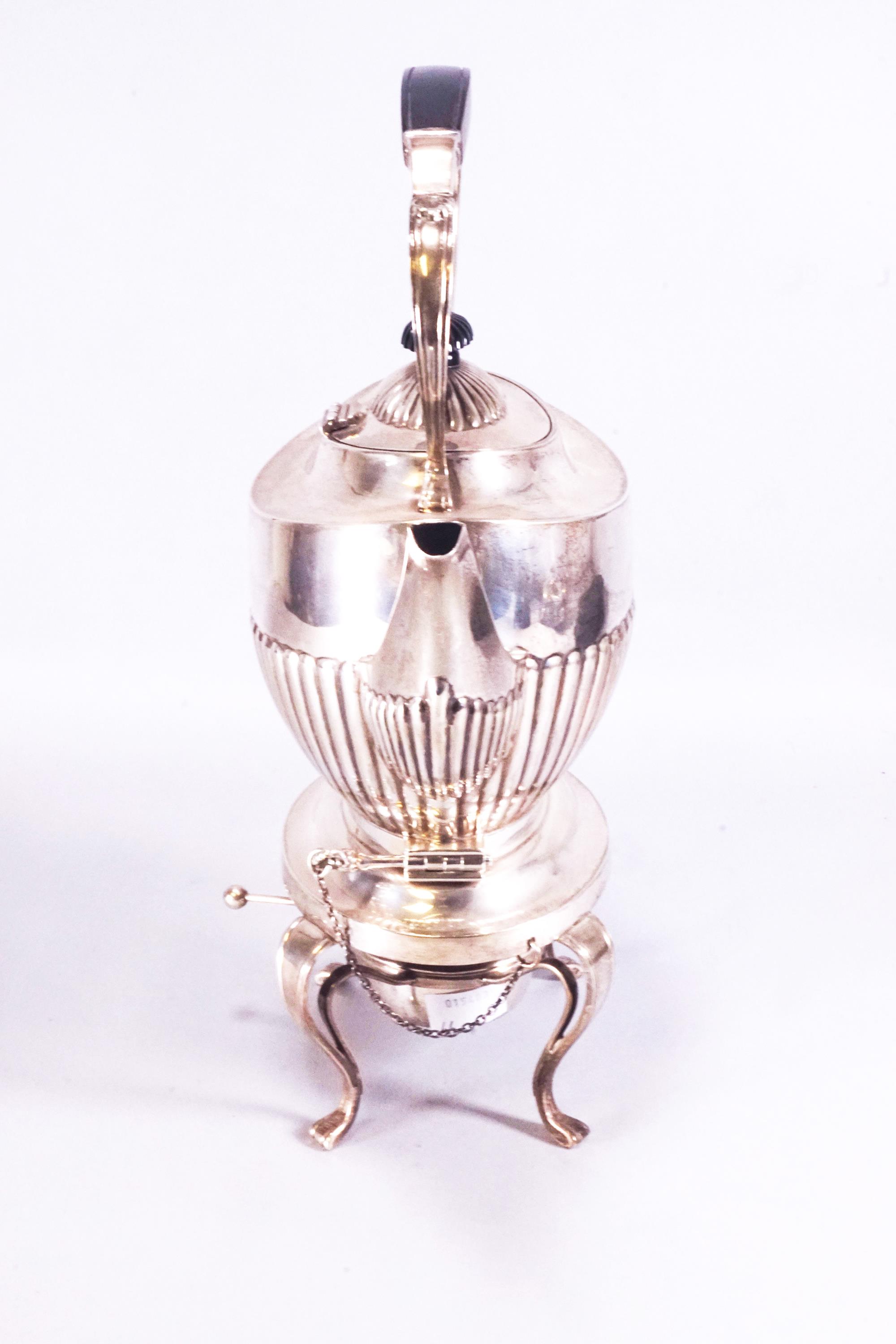 A silver spirit kettle of the usual semi-fluted oval form, on a cabriole leg burner stand, - Image 3 of 3