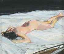 Neil Morrison, Sleeping girl, oil on board, a pair, signed lower left, signed and detailed verso,