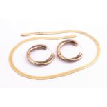 A hallmarked 9ct gold flat link collar necklace; A 9ct gold (stamped) pair of hoop earrings.
