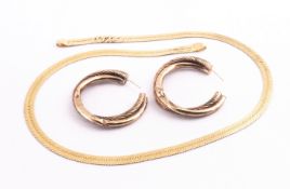 A hallmarked 9ct gold flat link collar necklace; A 9ct gold (stamped) pair of hoop earrings.