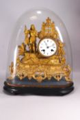 A continental gilt metal mantle clock and glass domed case,