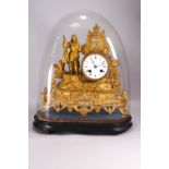 A continental gilt metal mantle clock and glass domed case,