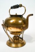 Brass kettle on stand, the stand stamped Skuhuna, noil,with turned wooden handle,