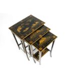 A nest of three chinoiserie lacquered occasional tables, each of rectangular form, on splayed feet,