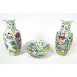 A modern Chinese famille rose style pair of necked vases, a large bowl,
