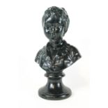 A black painted plaster bust in 19th century style of a young boy on flared socle,