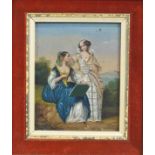 Continental School,19th century style, two ladies in costume, oil on panel, 12cm x 9.5cm.