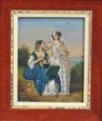 Continental School,19th century style, two ladies in costume, oil on panel, 12cm x 9.5cm.