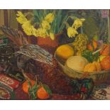 Cheryl Angela Fountain, Still Life of pheasant, daffodils, squash and gourds, oil on canvas,