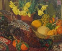 Cheryl Angela Fountain, Still Life of pheasant, daffodils, squash and gourds, oil on canvas,