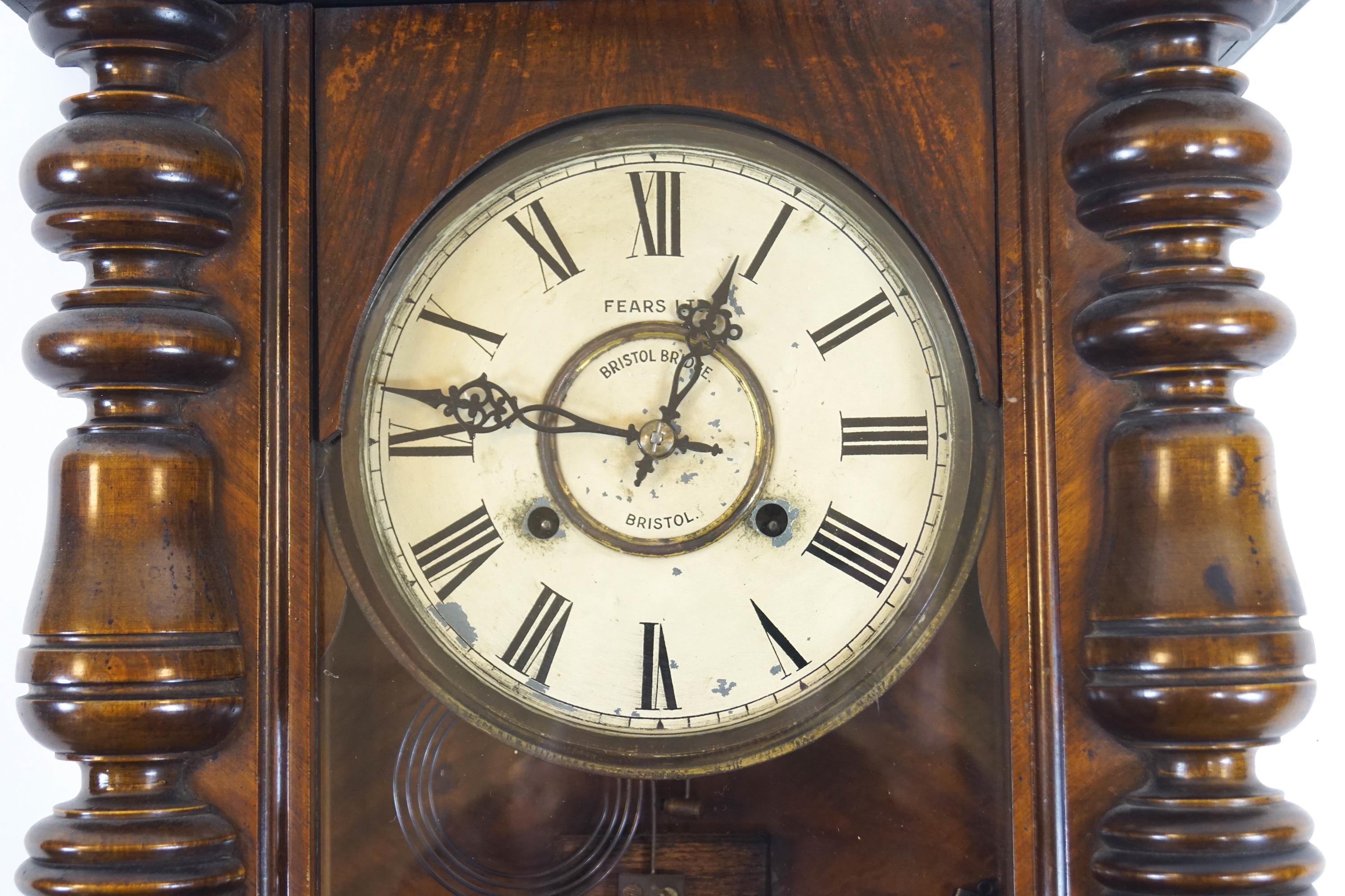 A Bristol Bridge (Fears Ltd) wall clock (with pendulum and key), early 20th century, spring driven, - Image 2 of 2