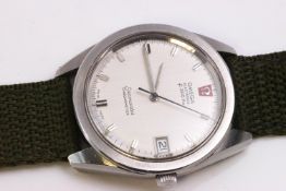 A stainless steel Omega Seamaster wristwatch.