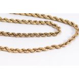 A yellow metal hollow rope link chain, bolt ring clasp, 630mm. Hallmarked 9ct gold.