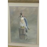 Andrew Ellis, born 1971, Peregrine Falcon, hooded and tethered with jesses to a perching post,