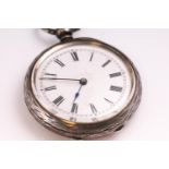 A hallmarked sterling silver open face engraved case pocket watch. Key wound movement.
