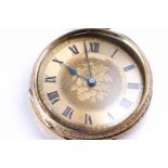 A gold engraved cased open face pocket watch, key wound movement, case stamped 18K.