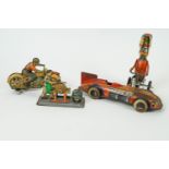 A tin plate cycling duck car and wood caravan and motor cycle