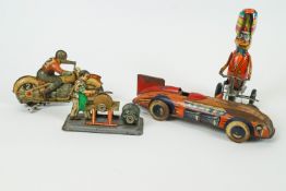 A tin plate cycling duck car and wood caravan and motor cycle