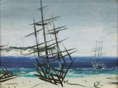 Rene Marie Dujardin, Anchored ships, oil on board,