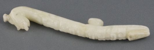 A carved Chinese pale celadon jade belt hook,