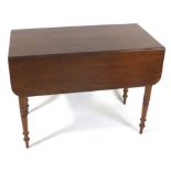 A Victorian mahogany Pembroke table with one frieze drawer on turned tapering legs,