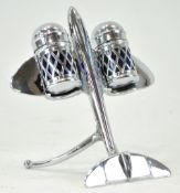 A 1950's Art Deco style cruet set, in the form of a WWII chromed aeroplane,
