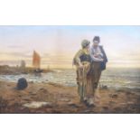 19th century, Couple on a beach, over painted print,