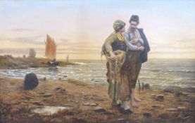 19th century, Couple on a beach, over painted print,