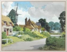 A J Wilson, Street scene with a windmill, watercolour, signed lower left,