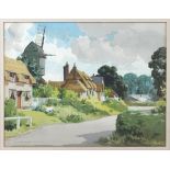 A J Wilson, Street scene with a windmill, watercolour, signed lower left,