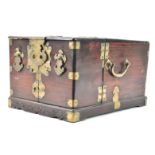 A brass bound Chinese hardwood travelling dressing table/box, of rectangular form,