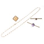 A collection of jewellery: A 9ct gold belcher chain; An agate brooch; Two amethyst bar brooches.