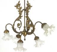 A gilt metal six light chandelier,