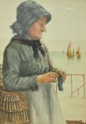 David W Haddon (British), Fl 1884-1911, 'Fisher woman Knitting', watercolour,