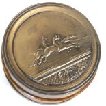 A Victorian Grand National 'Emblem' 1863 horn and metal-mounted circular snuff box and cover,