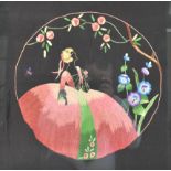 An Art Deco silk work of a lady in a crinoline dress, in a garden setting with roses and hollyhocks,