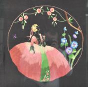 An Art Deco silk work of a lady in a crinoline dress, in a garden setting with roses and hollyhocks,