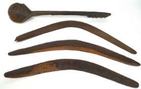 Three Australian Aboriginal boomerangs, two with incised linear ornament,